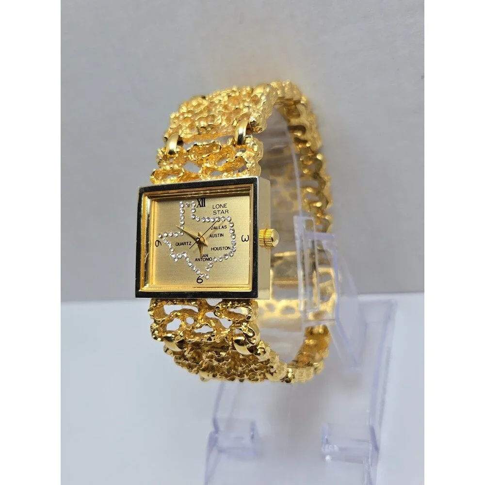 Lone Star Texas Rhinestone Map Quartz Gold Tone Nugget Watch Western New Battery